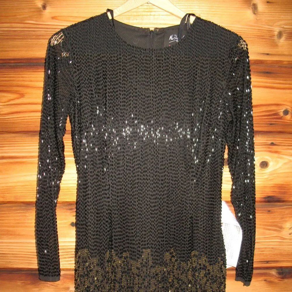 MAC DUGGAL Black Gold Size 4 Long Sleeve Beaded Fringe Evening Gown Maxi Dress - Picture 8 of 14